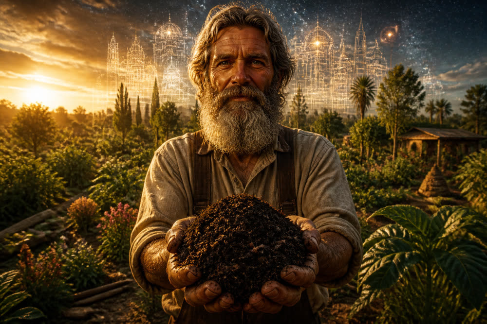Cover art for the song The Steward's Touch: a steward holding rich dark soil in cupped hands in a golden-lit food forest